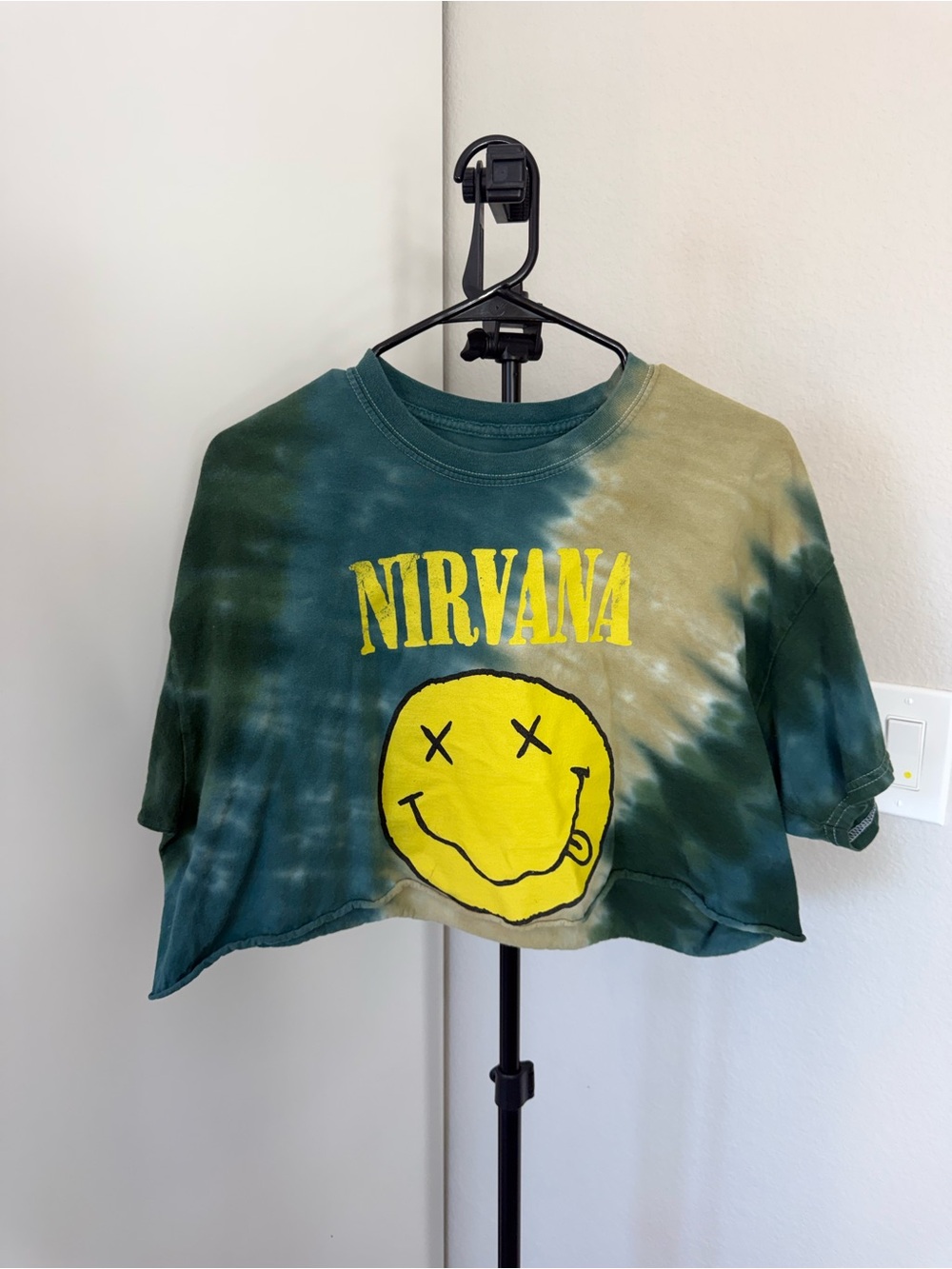 NIRVANA Green Tie-Dye Crop Top with Yellow Logo